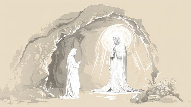 Saint Bernadette Soubirous's vision of the Virgin Mary, surrounded by divine light, serene grotto, beige background, Biblical Illustration, copyspace