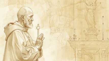 Fototapeta premium Devotion of Saint Adolphus of Utrecht in deep prayer, holding a cross. Simple attire, serene expression, peaceful church setting. Biblical Illustration, Beige Background, copyspace.