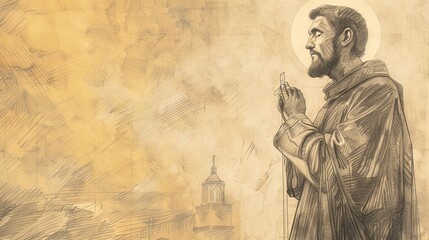 Fototapeta premium Deep prayer of Saint Thomas Becket holding a cross, serene church background. Piety and dedication, peaceful and holy atmosphere. Biblical Illustration, Beige Background, copyspace.