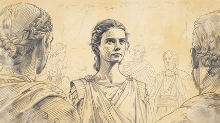 Fototapeta premium Saint Fausta Before Persecutors, Brave and Serene, Martyrdom, Biblical Illustration, Beige Background, Copyspace