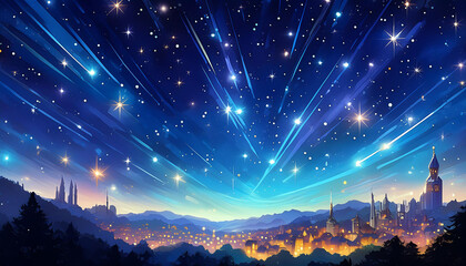 夜空に星が流れる町の景色