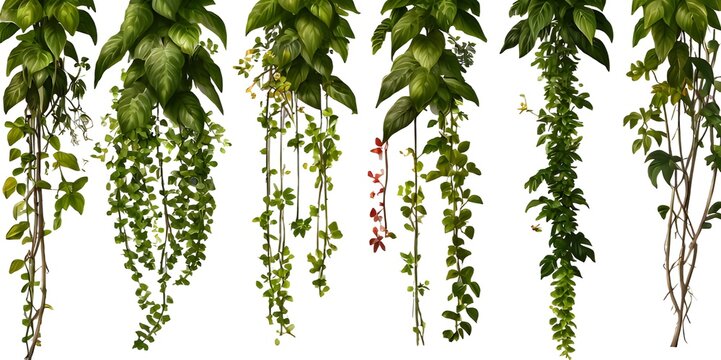 set of tropical creeper plants in a row on transparent background.