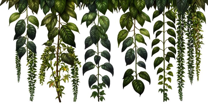 set of tropical creeper plants in a row on transparent background.