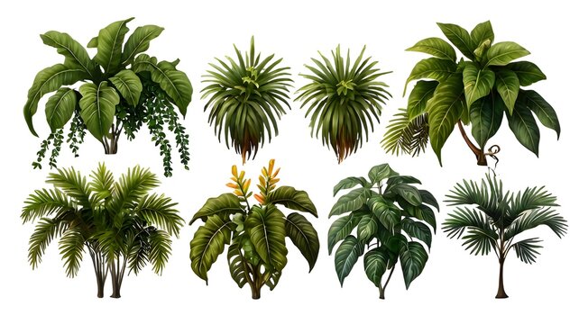 set of tropical creeper plants in a row on transparent background.