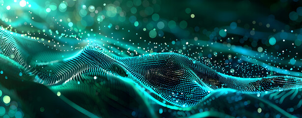 Abstract digital background with blue glowing dots and lines, The concept of a dark green, futuristic landscape, geometric patterns, flowing waves of light, digital illustration