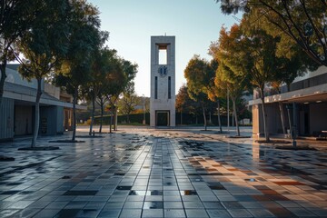 Obraz premium Minimalist plaza with a modern clock tower as a focal point 