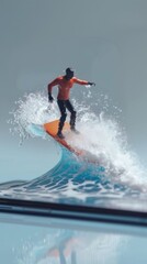 Innovative Concept: Surfer Riding the Waves on a Waterproof Smartphone with Online Shopping Experience，Standing on mobile phone surfing, 3d, waterproof mobile phone, online shopping concept, creative 
