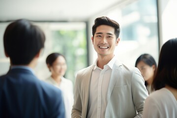 Obraz premium an Asian businessman confidently engages with colleagues during a talk and networking conference, showcasing his warmth and leadership.