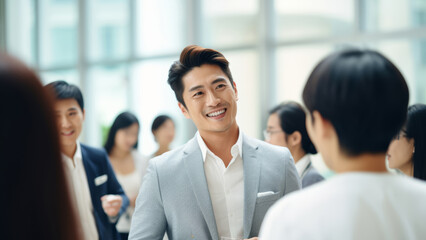 an Asian businessman confidently engages with colleagues during a talk and networking conference, showcasing his warmth and leadership.