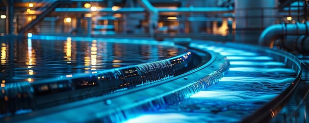 Futuristic wastewater treatment plant, sleek design, holographic control panels, nighttime, neon blue lights, emphasizing cuttingedge technology