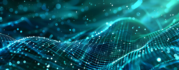 Abstract digital background with blue glowing dots and lines, The concept of a dark green, futuristic landscape, geometric patterns, flowing waves of light, digital illustration