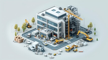Real estate isometric web banner. Construction property company concept. Building skyscrapers and residential houses 3d scene design. Intelligent construction scene, isometric illustration.