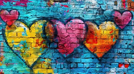 Obraz premium Graffiti hearts in various colors on a textured brick wall, street art, bright and bold palette, artistic expression, high detail, vibrant urban scene,realistic, cinematic, 8k, movie, very detailed