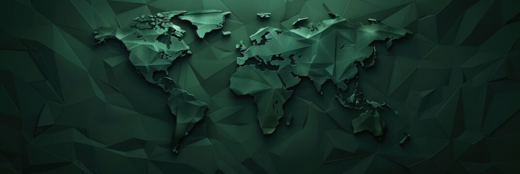 A dark green background with low poly world map in the center, simple and minimalistic, using geometric shapes to form the outline of different countries, dark and mysterious atmosphere, perfect for