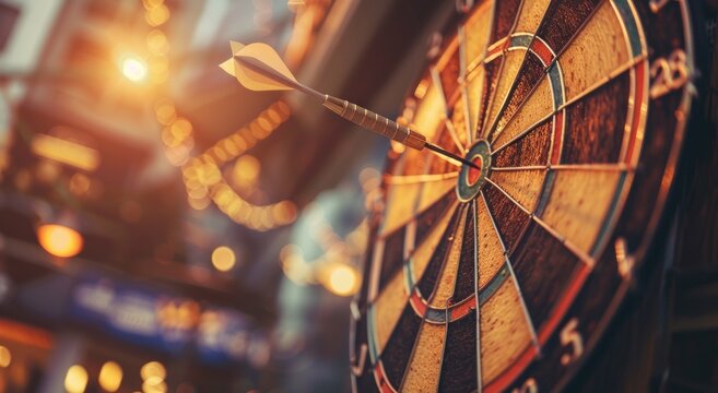 A dart is flying towards the center of an old wooden darts board, symbolizing success and precision in business goal setting. The background features a blurred scene with warm tones to emphasize