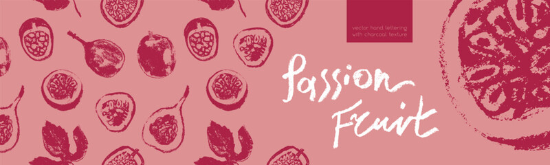 Vector passion fruit background for cosmetic label, fruits puree, juice packaging. Tropical banner template with hand drawn granadilla pattern,  passion fruit seamless pattern. Exotic fruits concept.