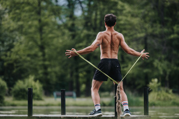 Fit young man working out with resistance bands in a natural setting on a wooden dock in the forest.