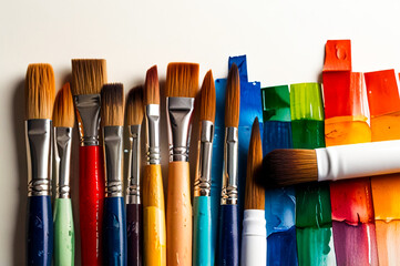 Fototapeta premium Realistic Art Class Supplies Background with Paintbrushes, Palettes, and Sketchbooks on White Canvas