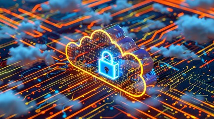 Fototapeta premium Abstract illustration of cloud security services, stylized cloud icon integrated with a secure padlock symbol, representing data protection and cybersecurity in cloud computing environments.