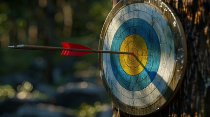 Archery target and an arrow stuck into it on a black background