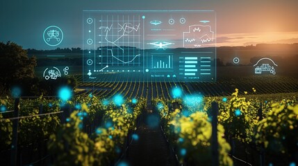 hologram of analytical diagram and charts on a vast vineyard background, concept design of high-tech and scientific management for Viticulture industry