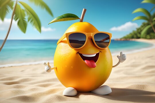 cute 3d cartoon mango wearing sunglasses, enjoying summer fun vacation on a sandy beach with palm trees. generative ai