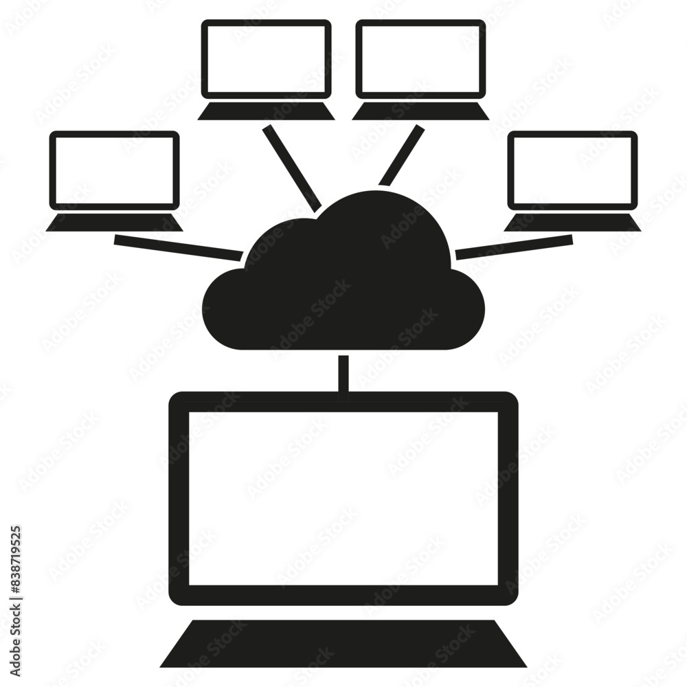 Fototapete Cloud computing network. Connected laptop icons. Data storage symbol. Black vector illustration.