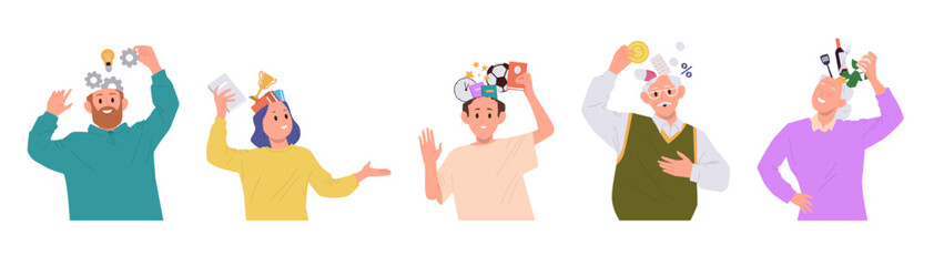 Different people cartoon characters of various age filling head with information vector illustration