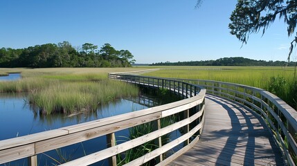 A scenic view of a long boardwalk stretching out into the horizon over calm waters.