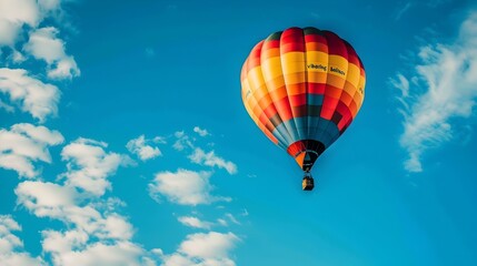 Fototapeta premium Vibrant Hot Air Balloon Floating in Clear Sky with Clouds