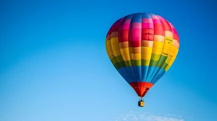 Fototapeta premium Vibrant Hot Air Balloon Floating Over Clear Blue Sky in Scenic Aerial Adventure