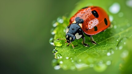 Fototapeta premium Vibrant Ladybug on a Dewy Green Leaf with Water Droplets in Close up Macro Photography
