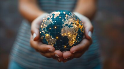 Human Hands holding a mini globe (mockup) of planet Earth