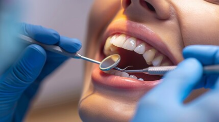 Doctor examining patient's teeth in modern clinic, concept of healthy teeth and medicine.
