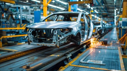 Photo of a car production line, Car body welding, Modern car assembly plant.