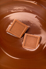 melted milk chocolate and two pieces of chocolate.