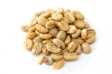 A bunch of coffee seeds on white bac kground.