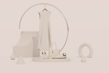 Fashion accessories circular clothes racks for sale with bag, flower, high heels, lipstick, cosmetic and bag shopping on pastel pink background. 3d rendering	