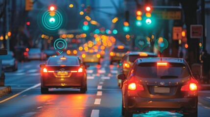 A busy street with cars and traffic lights