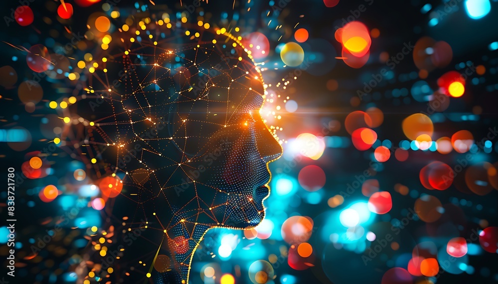 Poster High-resolution photo of a digital human head filled with interconnected neural networks and glowing nodes, representing machine learning models with vibrant data streams
