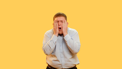 Stressed time. Shocking information. Unexpected disappointed. Overweight tired man feeling despair...