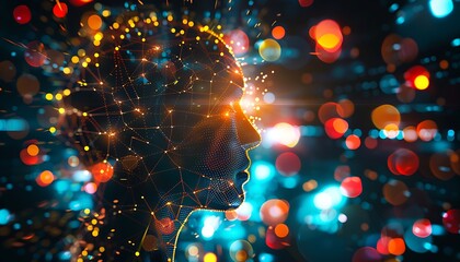 High-resolution photo of a digital human head filled with interconnected neural networks and glowing nodes, representing machine learning models with vibrant data streams