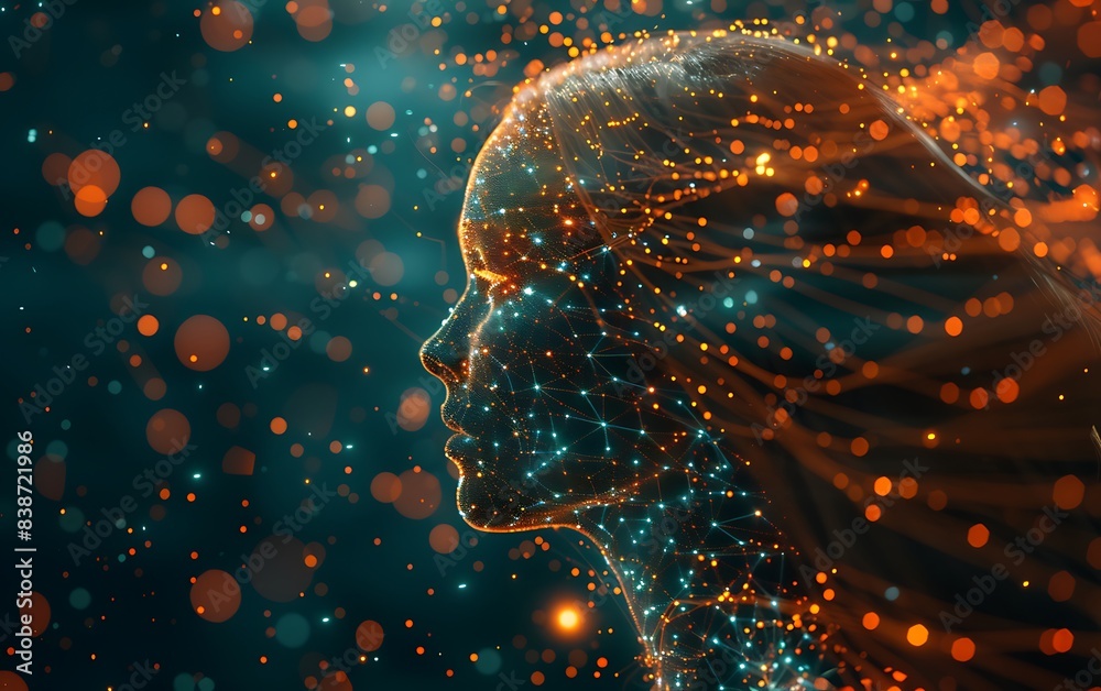 Aufkleber Dynamic photo of an illuminated human head profile with neural connections and data points, set against a futuristic interface with algorithmic patterns, highlighting AI learning