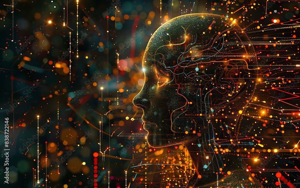 Aufkleber Compelling photo of a digital human head with a vibrant neural network, symbolizing AI learning, set against a background of digital circuits and data visualizations