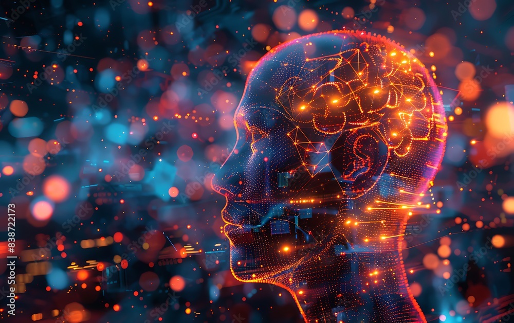 Aufkleber Compelling photo of a digital human head with a vibrant neural network, symbolizing AI learning, set against a background of digital circuits and data visualizations