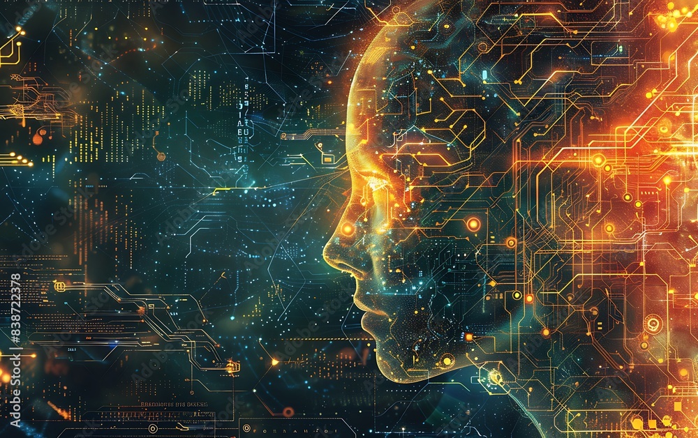 Aufkleber Compelling photo of a digital human head with a vibrant neural network, symbolizing AI learning, set against a background of digital circuits and data visualizations