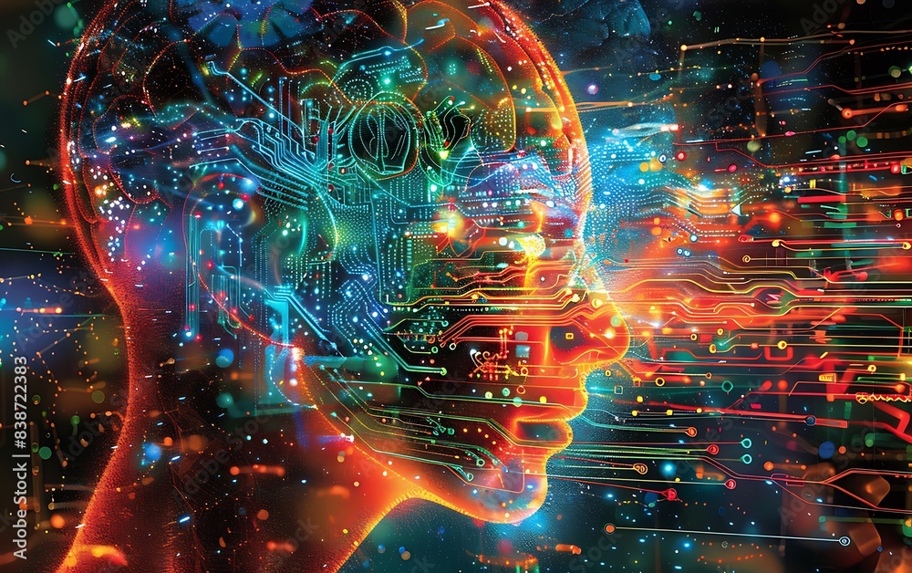Aufkleber Compelling photo of a digital human head with a vibrant neural network, symbolizing AI learning, set against a background of digital circuits and data visualizations
