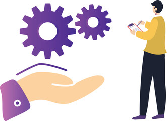 The boy is writing about cogwheel configuration.