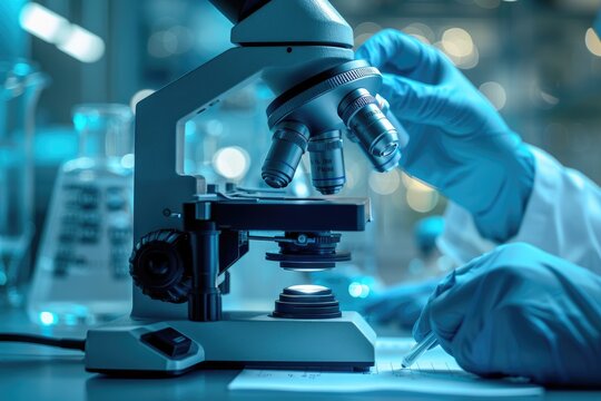 Scientist using microscope in laboratory. Gloved hands adjusting settings for precise analysis. Laboratory equipment and scientific research setting.