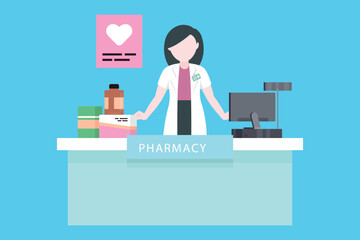 Female doctor is standing in pharmacy.